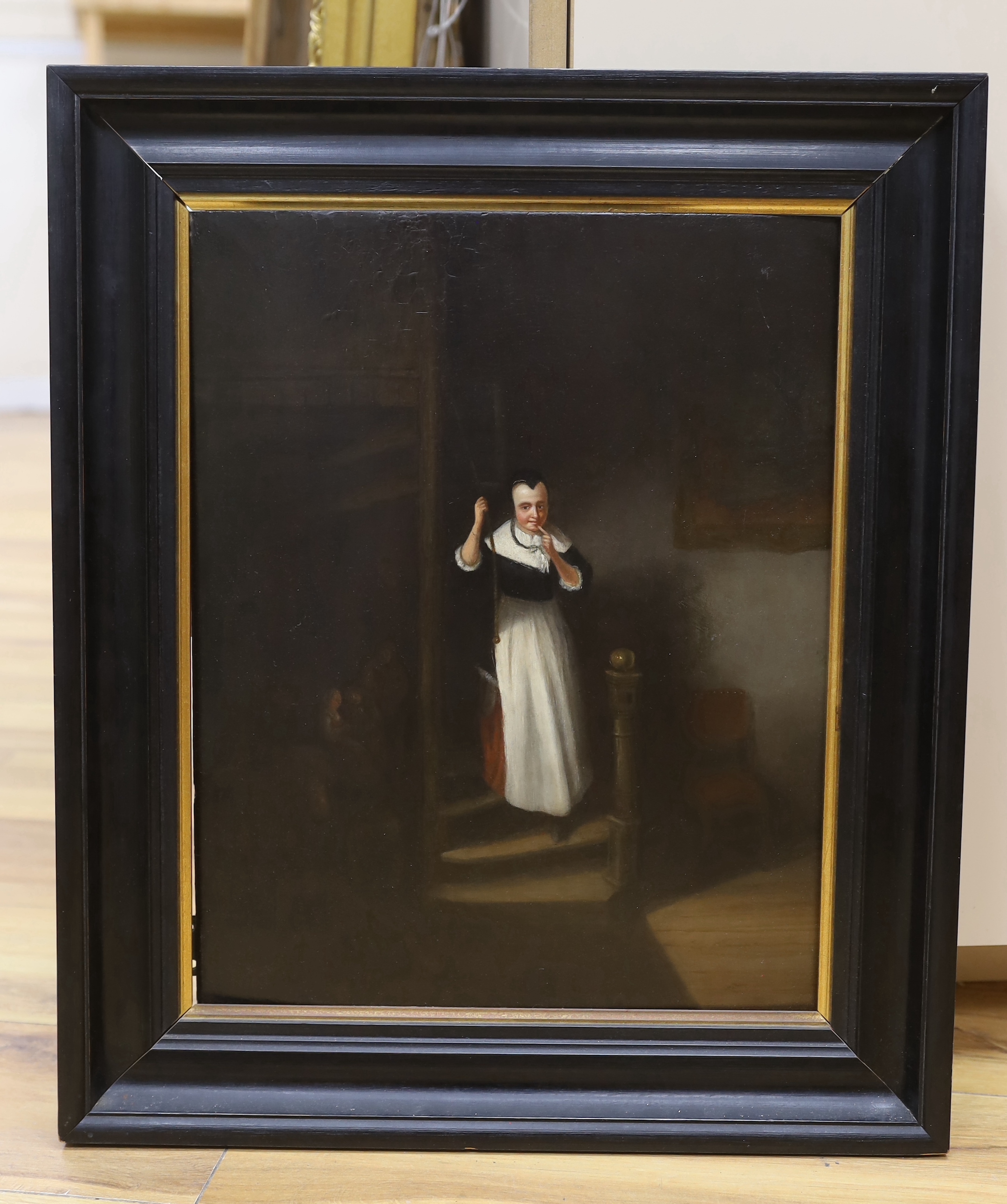 After Frans van Mieris (1635 - 1681), oil on panel, Interior with woman on a staircase, 39 x 31cm